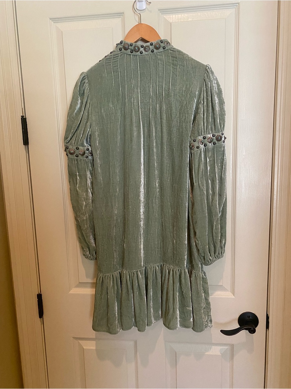 Double D Ranch Sage Velvet Embroidered Ruffle Mini Dress - Picture 4 of 6